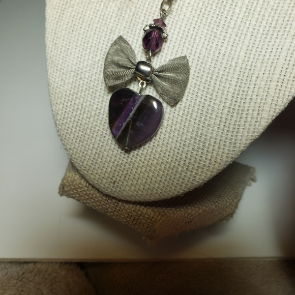 Vintage Amethyst Heart with Silver Mesh Bow Necklace on Sterling - Picture 8 of 14